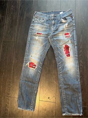 True Religion Men's Distressed Blue Slim Straight Jeans with Red Plaid Insets